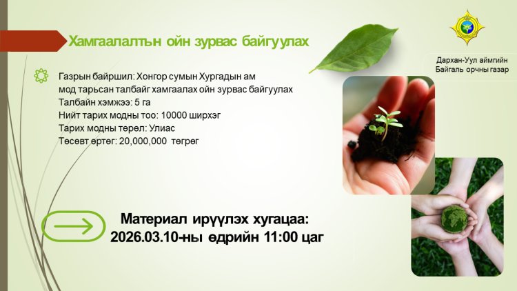 ХАМГААЛАЛТЫН ОЙН ЗУРВАС БАЙГУУЛАХ АЖИЛД ОРОЛЦОХЫГ УРЬЖ БАЙНА.